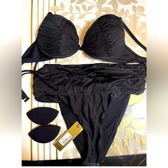 SHE Two Pieces  Swimsuit underwire  padded Size 42/38EU(top/bottom)color Black. - Picture 1 of 9